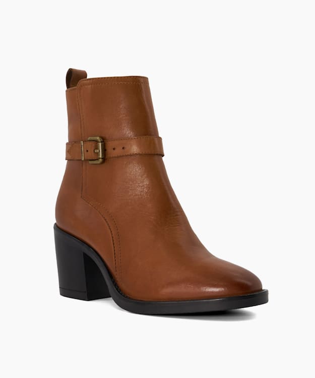 Dune London Prance - Tan Buckle Leather Block-Heeled Ankle Boots