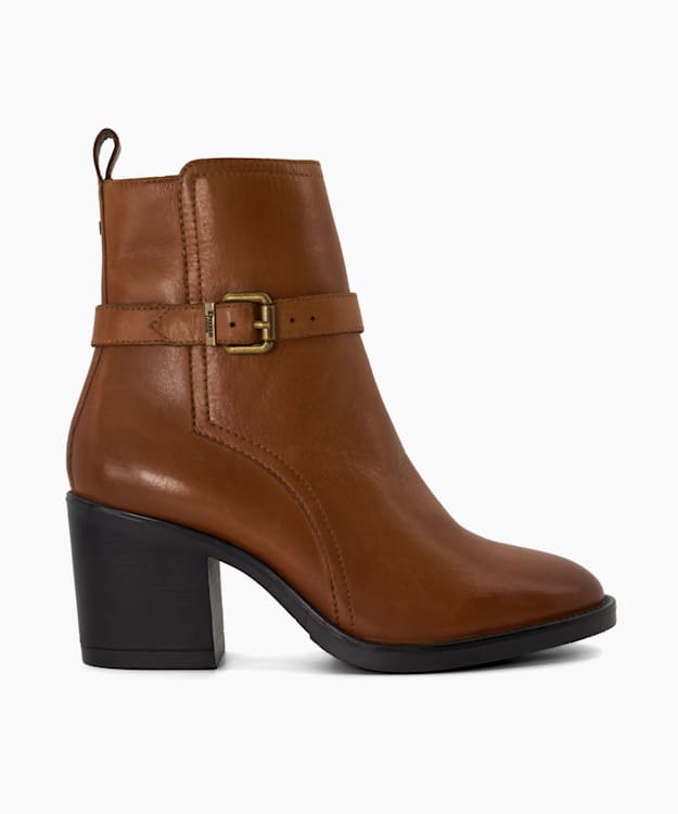 dune london Prance - Tan Buckle Leather Block-Heeled Ankle Boots