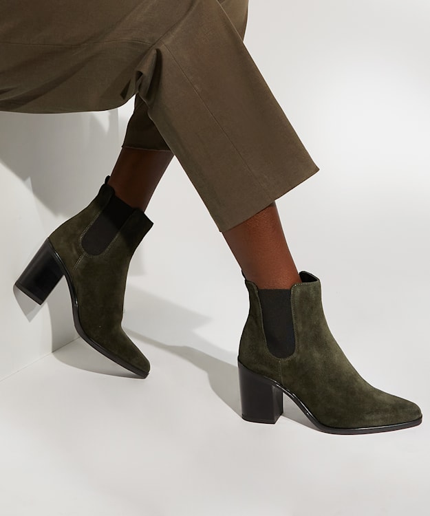Dune London Prea - Green Block-Heel Suede Western Boots
