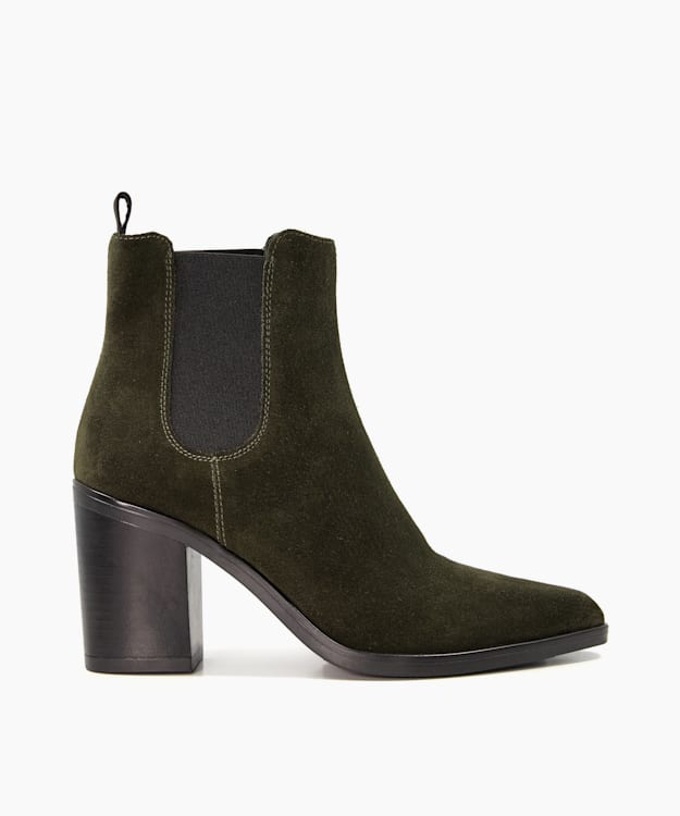 dune london Prea - Green Block-Heel Suede Western Boots