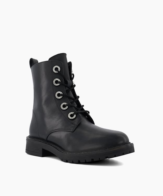 Dune London Precious - Black Diamante-Trim Leather Lace-Up Boots
