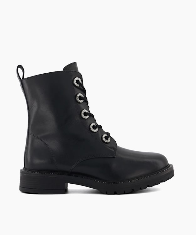 dune london Precious - Black Diamante-Trim Leather Lace-Up Boots