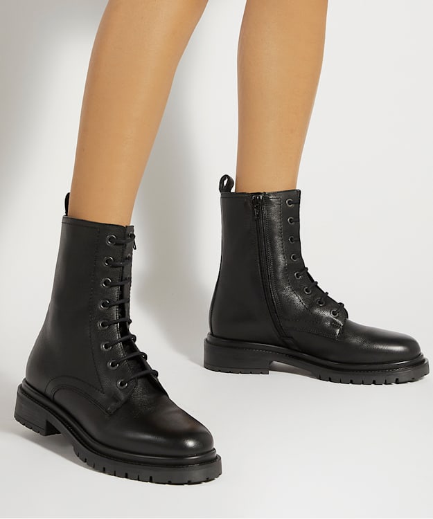 Dune London Prestonne - Black Leather Cleated Sole Biker Boots