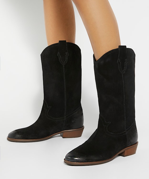 Dune London Prickles - Black Low Block Heel Cowboy Boots
