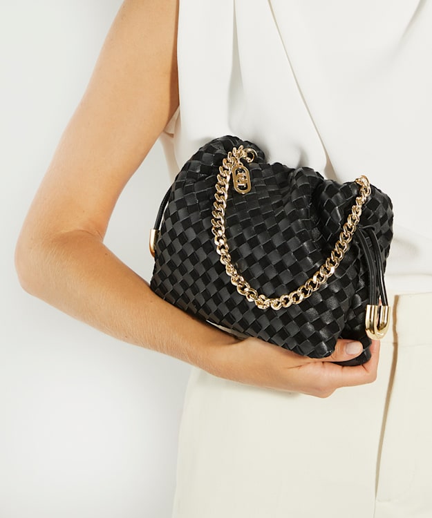 Dune London Primrose S - Black Small Drawstring Woven Leather Bag