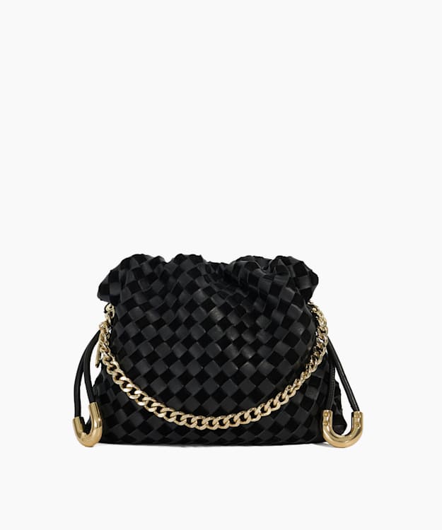 dune london Primrose S - Black Small Drawstring Woven Leather Bag