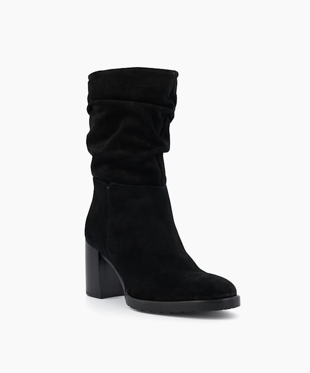 Dune London Prominent - Black Ruched Suede Block-Heeled Ankle Boots