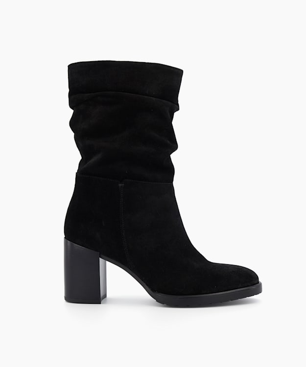 dune london Prominent - Black Ruched Suede Block-Heeled Ankle Boots