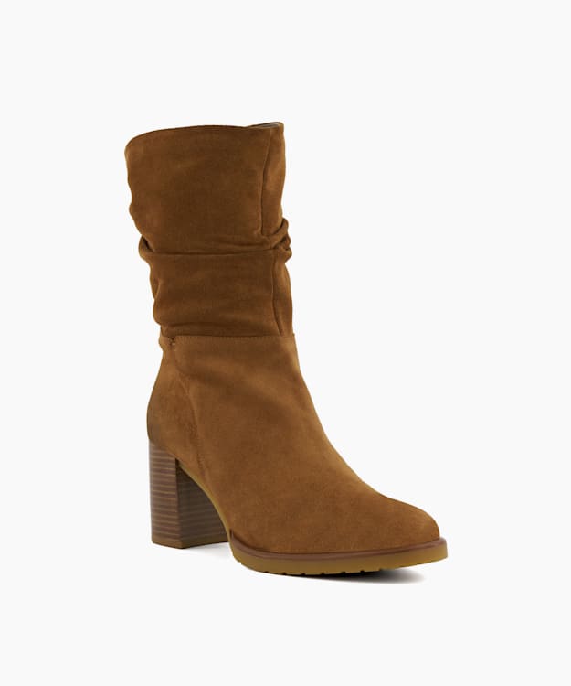 Dune London Prominent - Tan Ruched Suede Block-Heeled Ankle Boots