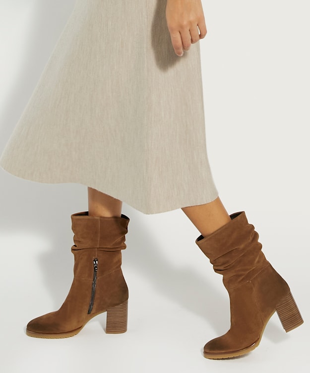 Dune London Prominent - Tan Ruched Suede Block-Heeled Ankle Boots