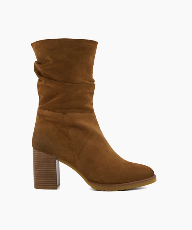 dune london Prominent - Tan Ruched Suede Block-Heeled Ankle Boots