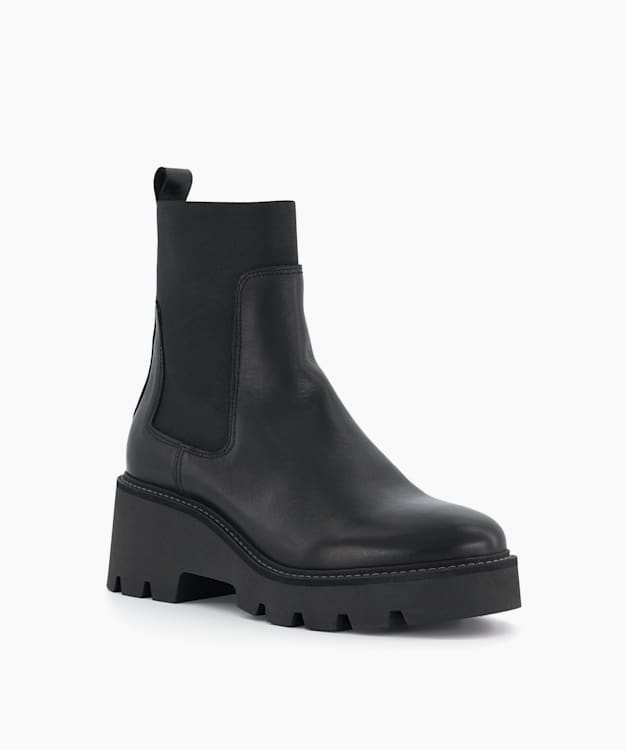 Dune London Propose - Black Leather Medium-Wedge Ankle Boots