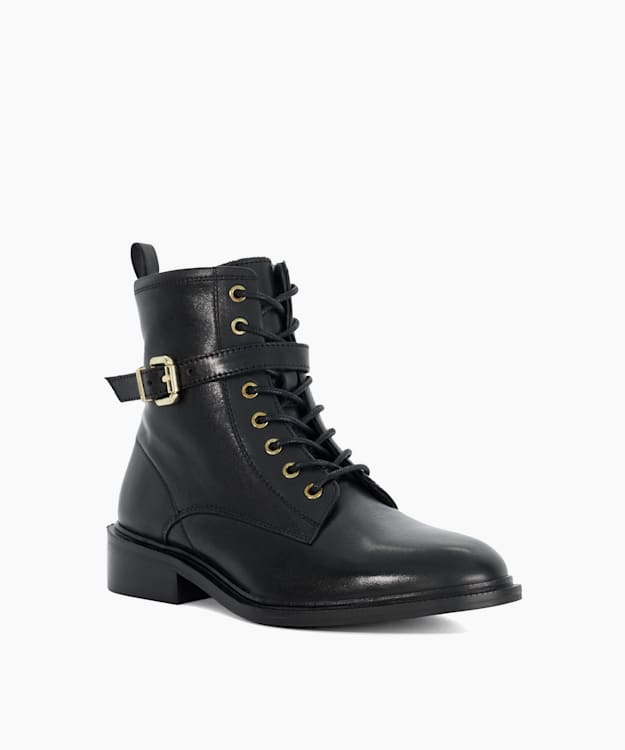 Dune London Puckles - Black Chunky Lace Up Buckle Boots