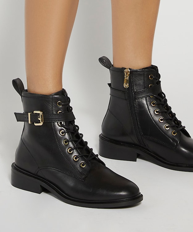 Dune London Puckles - Black Chunky Lace Up Buckle Boots