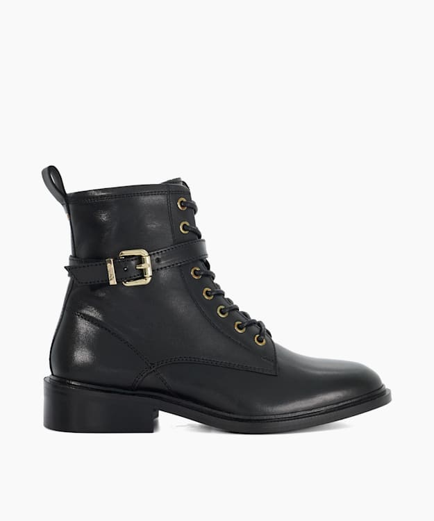 dune london Puckles - Black Chunky Lace Up Buckle Boots