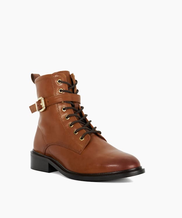 Dune London Puckles - Tan Chunky Lace Up Buckle Boots