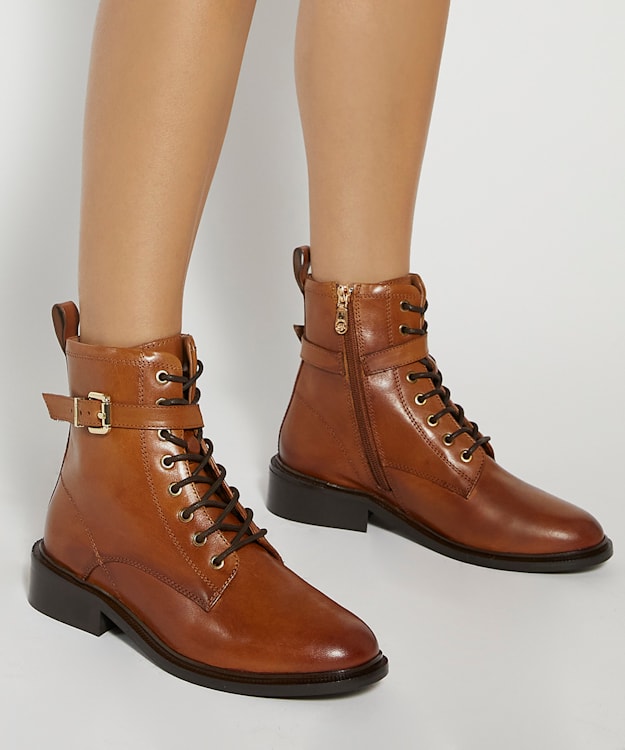 Dune London Puckles - Tan Chunky Lace Up Buckle Boots