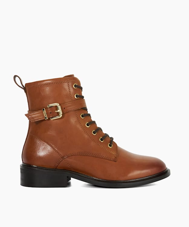 dune london Puckles - Tan Chunky Lace Up Buckle Boots