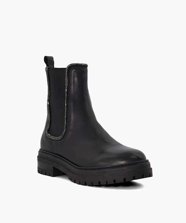 Dune London Pursuit - Black Diamante-Trim Leather Chelsea Boots