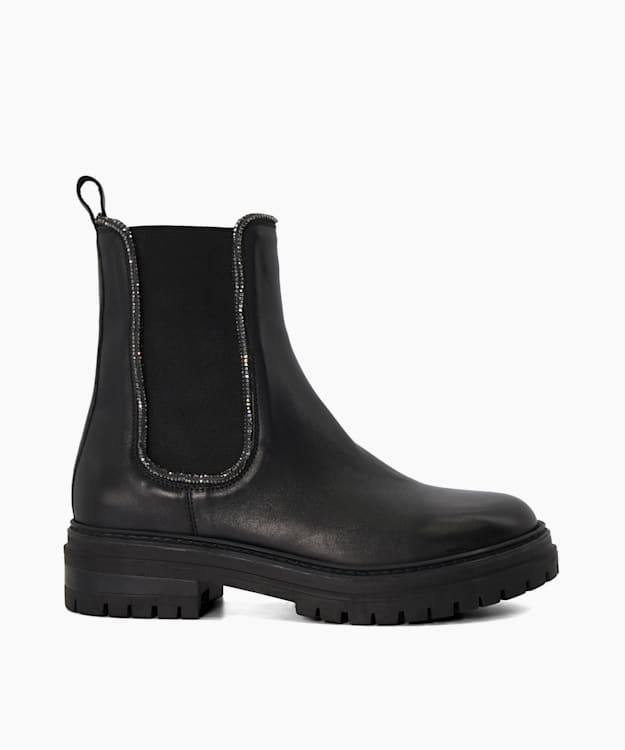 dune london Pursuit - Black Diamante-Trim Leather Chelsea Boots