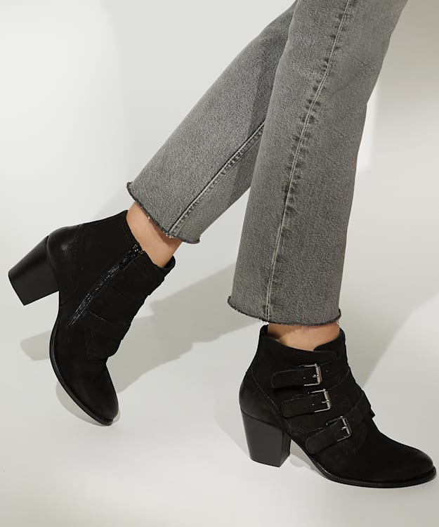 Dune London Puzzler - Black Buckled Suede Ankle Boots