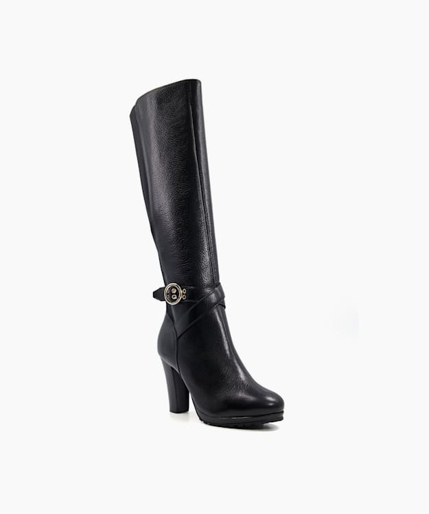 Dune London Sabrena - Black Buckle-Detail Leather Knee-High Boots