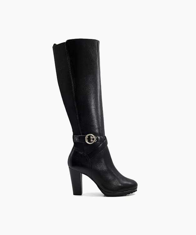 dune london Sabrena - Black Buckle-Detail Leather Knee-High Boots
