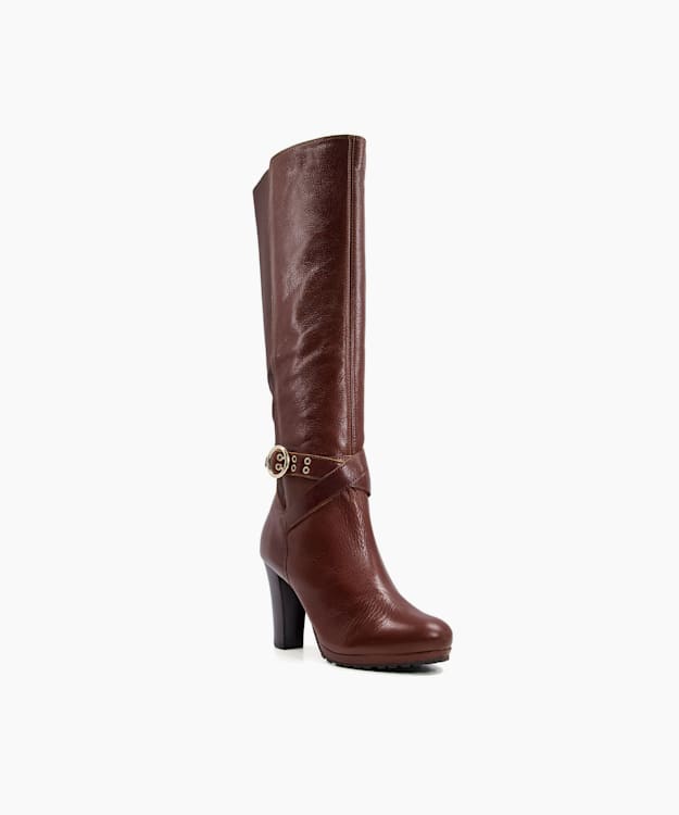 Dune London Sabrena - Tan Buckle-Detail Leather Knee-High Boots
