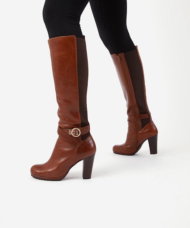 Dune London Sabrena - Tan Buckle-Detail Leather Knee-High Boots