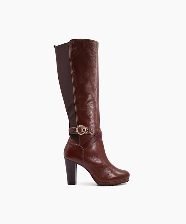 dune london Sabrena - Tan Buckle-Detail Leather Knee-High Boots