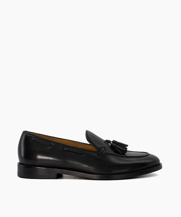dune london Sanders - Black Leather Tassel Trimmed Loafers