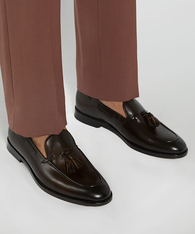 Dune London Sanders - Dark Brown Leather Tassel Trimmed Loafers
