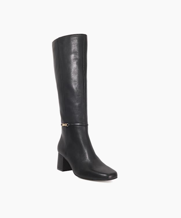 Dune London Sanna - Black Leather Snaffle Trim Knee High Block Heeled Boots