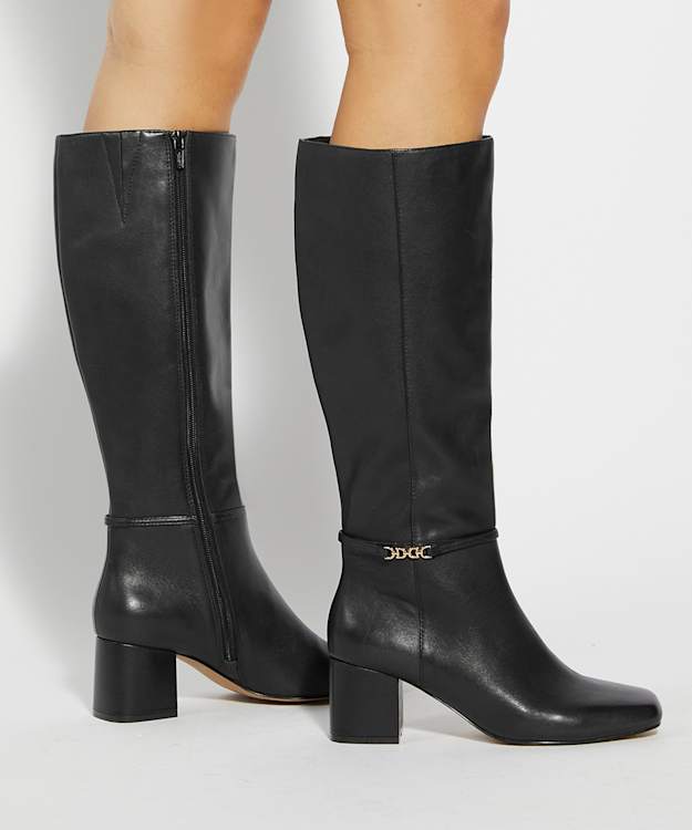 Dune London Sanna - Black Leather Snaffle Trim Knee High Block Heeled Boots