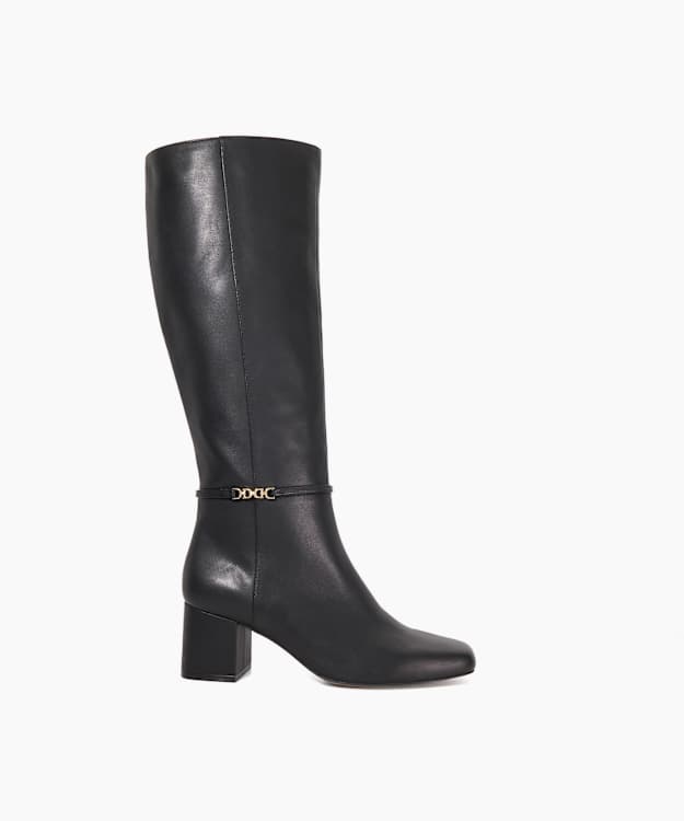 dune london Sanna - Black Leather Snaffle Trim Knee High Block Heeled Boots