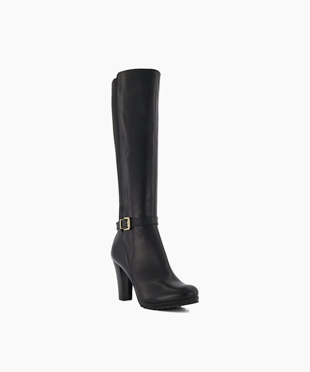 Dune London Sareena - Black Buckle-Detail Block-Heel Leather Knee-High Boots