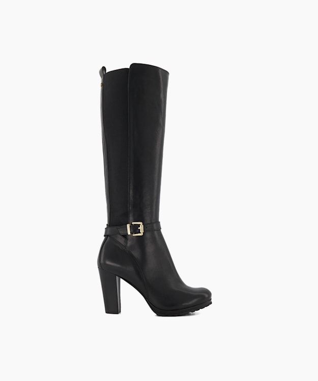 dune london Sareena - Black Buckle-Detail Block-Heel Leather Knee-High Boots