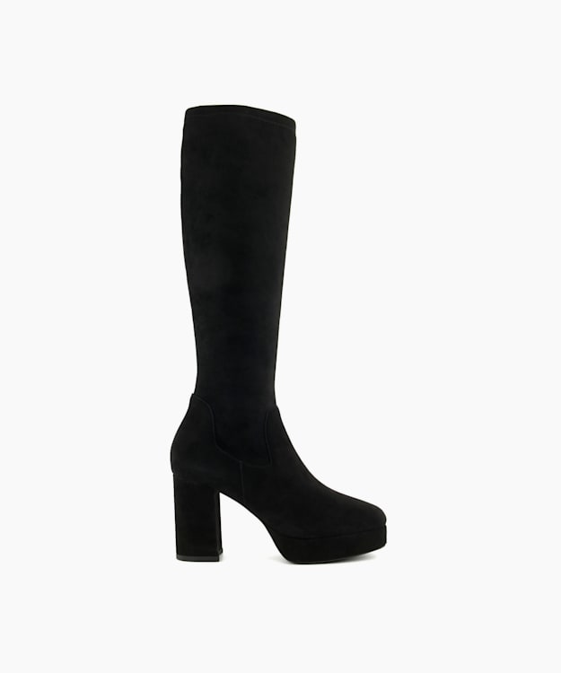 dune london Sassy - Black Platform Knee High Stretch Boots