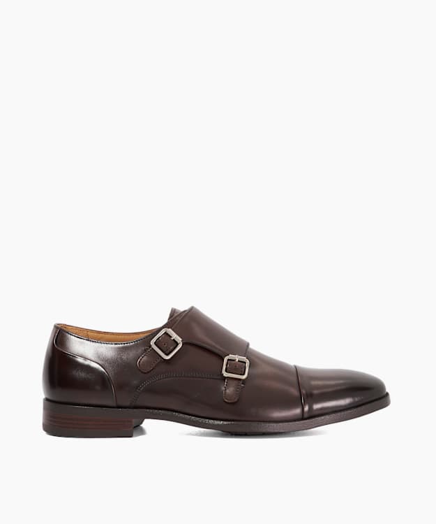 dune london Satchin 2 - Dark Brown Brown Leather Double Buckle Monk Shoes