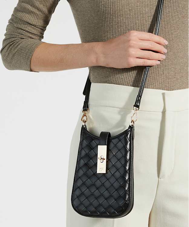 Dune London Seeking - Black Woven Leather Turn Lock Phone Pouch