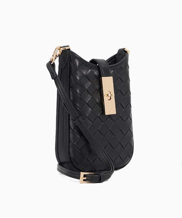 Dune London Seeking - Black Woven Leather Turn Lock Phone Pouch