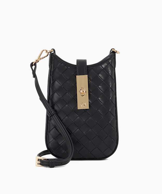 dune london Seeking - Black Woven Leather Turn Lock Phone Pouch