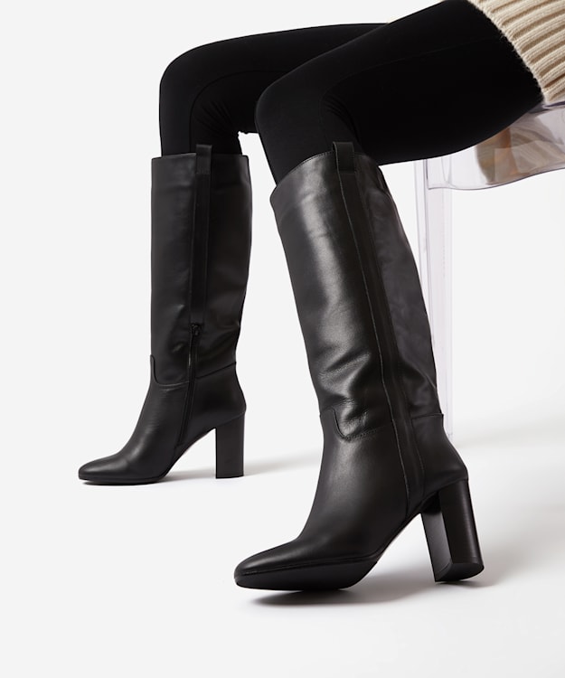 Dune London Selene - Black Block Heel Leather Knee High Boots