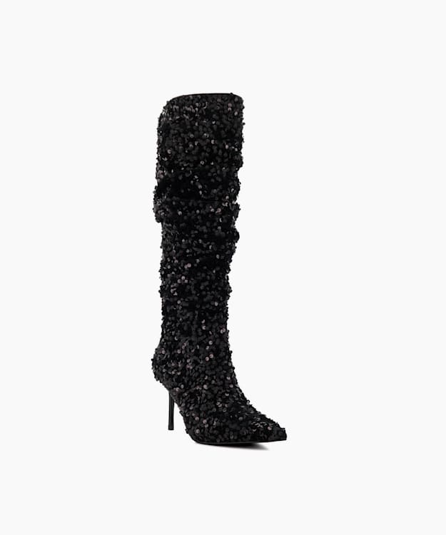 Dune London Sensational - Black Sequined Stiletto-Heeled Knee-High Boots