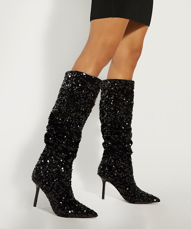 Dune London Sensational - Black Sequined Stiletto-Heeled Knee-High Boots
