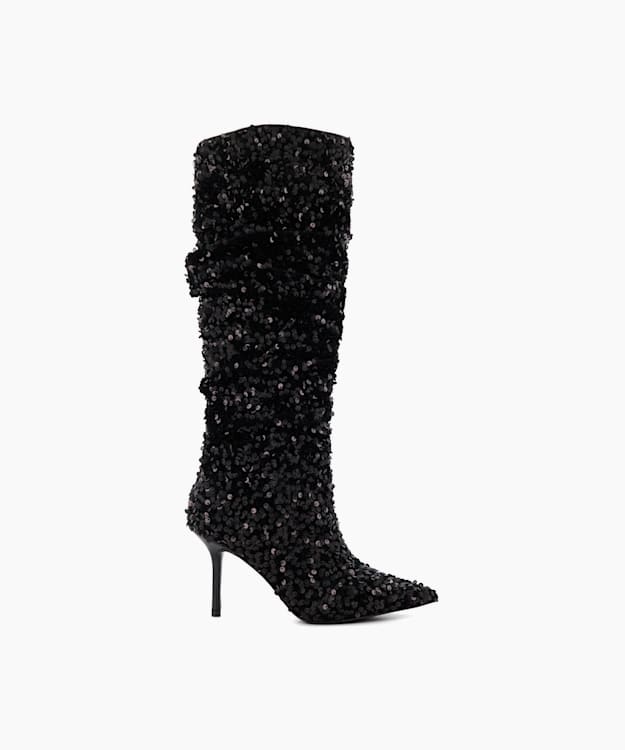 dune london Sensational - Black Sequined Stiletto-Heeled Knee-High Boots