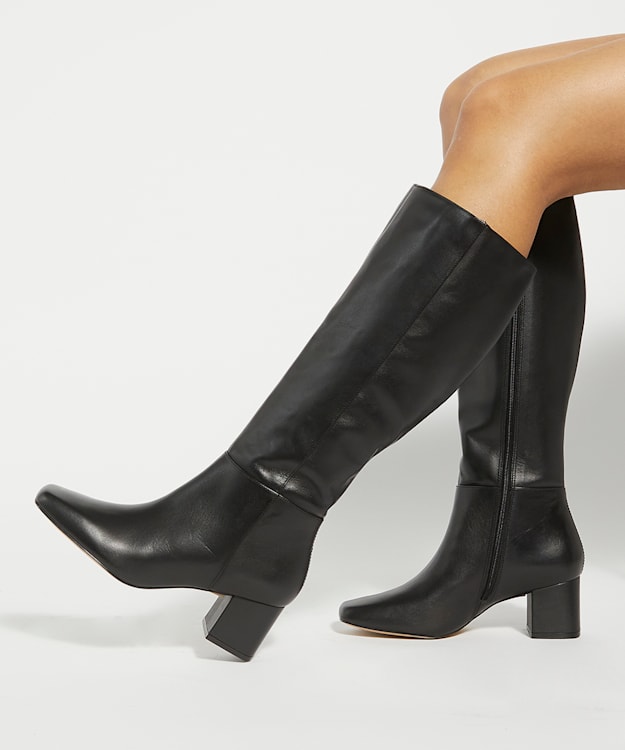 Dune London Signature - Black Block-Heeled Leather Knee-High Boots