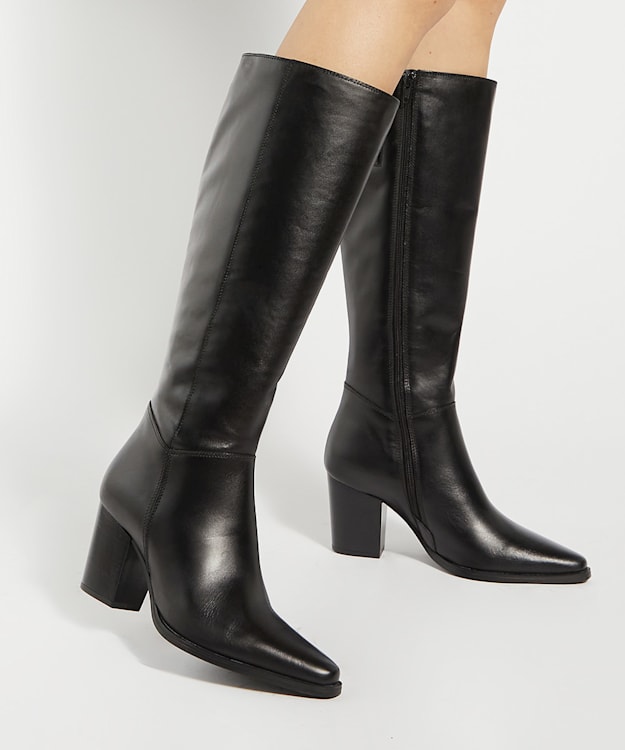 Dune London Silahs - Black Leather Western Knee High Boots