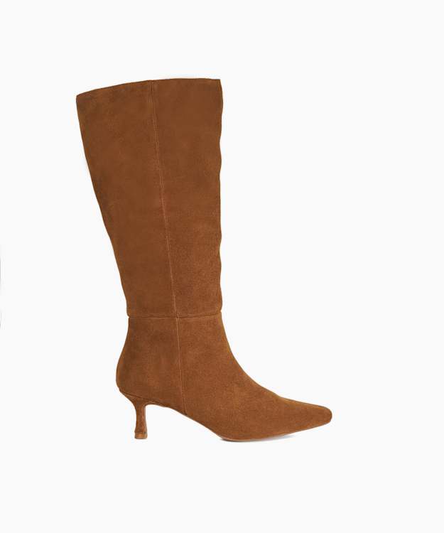 dune london Silences - Tan Suede Knee High Kitten Heel Boots