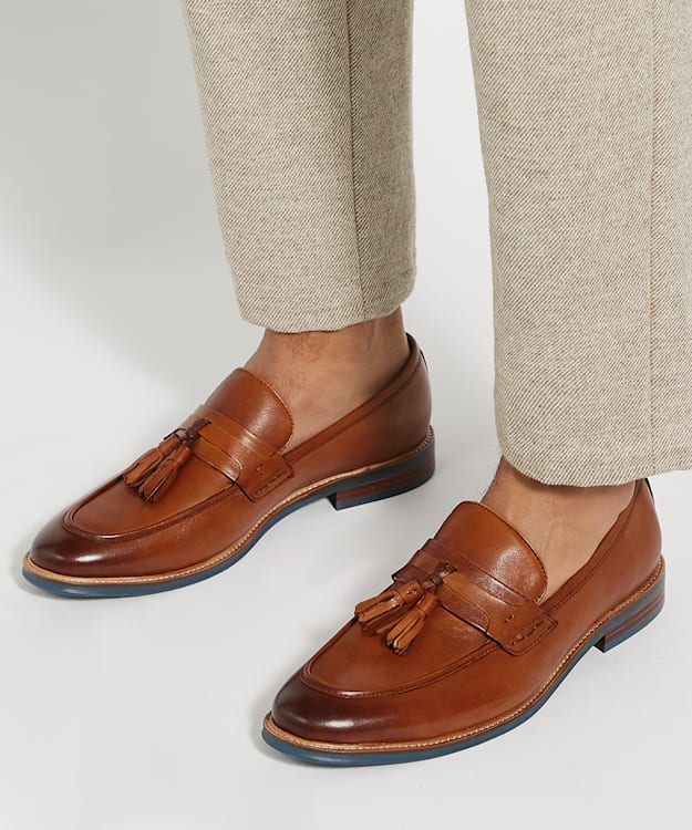 Dune London Simley - Tan Leather Contrast Sole Tassel Loafers